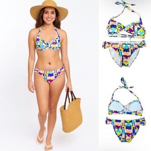 PINK Victorias Secret Halter Bikini Size Medium Geometric Padded Swim